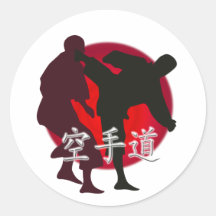 Silhouette of Karate fight, red circle background. Round Stickers