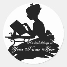 Silhouette of Young Girl  Reading Bookplate Round Stickers