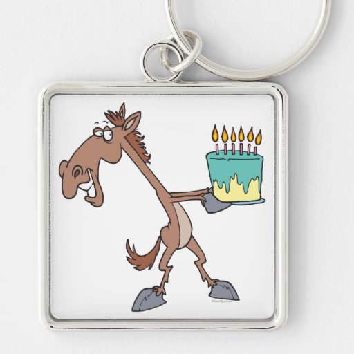 silly birthday horse with cake cartoon key chain