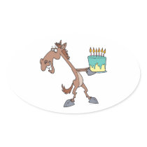 silly birthday horse with cake cartoon oval stickers