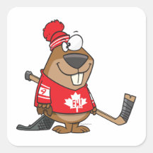 silly canadian hockey beaver cartoon square sticker