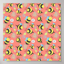 Silly Cartoon Bees Pattern Poster