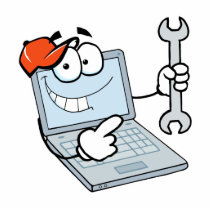 silly computer repair cartoon laptop with wrench photo cut out
