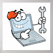 silly computer repair cartoon laptop with wrench poster