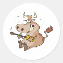 silly cow cartoon playing guitar round stickers