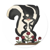 silly cute skunk and red roses sticker