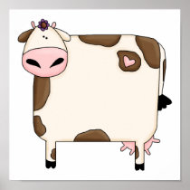 silly fat brown and white cow cartoon poster