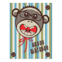 Silly Glasses Sock Monkey Happy B Day Postcard