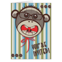 Silly Glasses Sock Monkey Party Invitation Greeting Cards