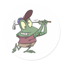 silly golfing golfer frog cartoon round sticker