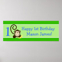 Silly Monkeys Green Personalized Birthday Banner Posters