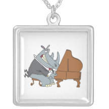 silly rhino playing piano pianist cartoon necklace