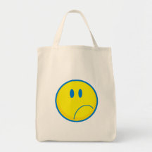 silly sad face smiley yellow and blue canvas bag
