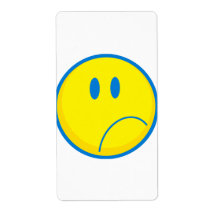 silly sad face smiley yellow and blue personalised shipping label