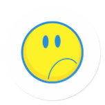 silly sad face smiley yellow and blue round stickers