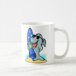 silly shark with surfboard mugs