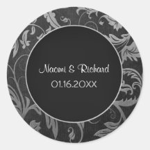Silver and Black Damask Wedding Seal - Customize Round Sticker