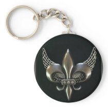 SILVER AND BLACK WINGED FLEUR-DE-LIS KEYCHAINS