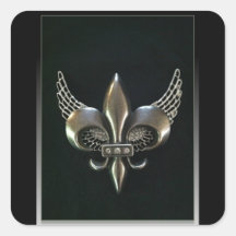 SILVER AND BLACK WINGED FLEUR-DE-LIS SQUARE STICKER
