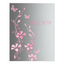 Silver and Pink Butterflies on Linen Reply Card Custom Invite
