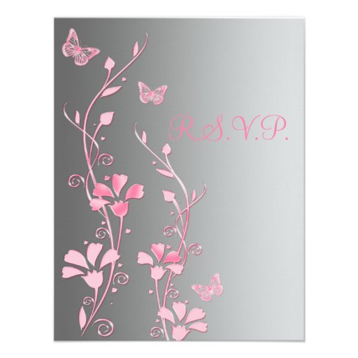 Silver and Pink Butterflies on Linen Reply Card Custom Invite