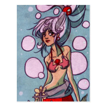Silver and Red Mermaid Illustration Post Card