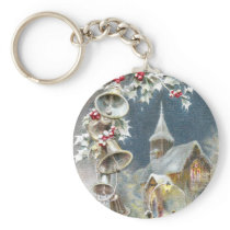 Silver Bells and Church Vintage Christmas Key Chain