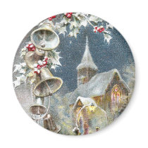 Silver Bells and Church Vintage Christmas Refrigerator Magnet