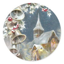 Silver Bells and Church Vintage Christmas Round Sticker