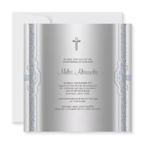 Silver Blue Baby Boy Christening Custom Announcements