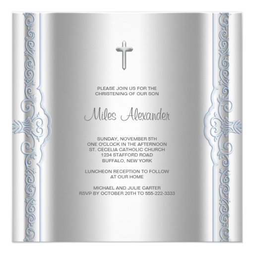 Silver Blue Baby Boy Christening Custom Announcements