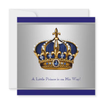 Silver Blue Crown Prince Baby Boy Shower Announcement