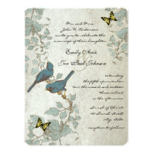 Silver Blue Yellow Butterflies & Birds Wedding Personalized Invite