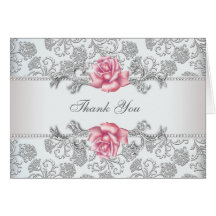 Silver Damask Pink Rose Thank You Cards