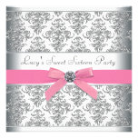 Silver Damask Pink Sweet Sixteen Birthday Party Personalized Announcement