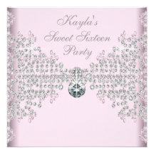 Silver Diamonds Pink Sweet 16 Birthday Party Custom Invitations