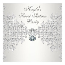 Silver Diamonds White Sweet Sixteen Birthday Party Personalized Invite