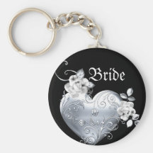 Silver Filigree Heart & White Roses Key Chain