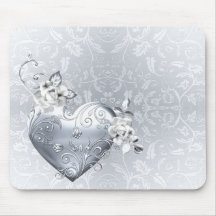 Silver Filigree Heart & White Roses Mousepad