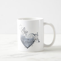 Silver Filigree Heart & White Roses Mug