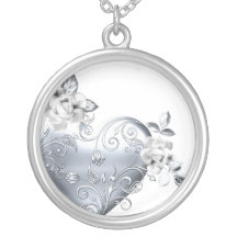 Silver Filigree Heart & White Roses Necklace