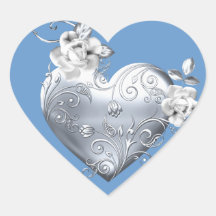 Silver Filigree Heart & White Roses Stickers