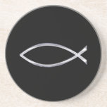 Silver Fish Symbol on Black Background Beverage Coaster