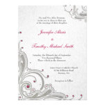 Silver glitter swirls + pink jewels wedding invite