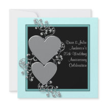Silver Hearts Teal Silver 25th Anniversary Party Invitation