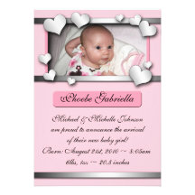Silver Lining Hearts Pink Birth Announcements