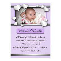 Silver Lining Hearts Purple Birth Announcements