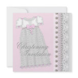 Silver Pearls Gown Baby Girl Pink Christening Personalized Announcement