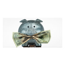 Silver Piggy Bank Eating Money Photo Greeting Card