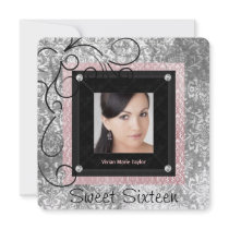 Silver Pink Black Damask Photo Sweet 16 Party Invites
